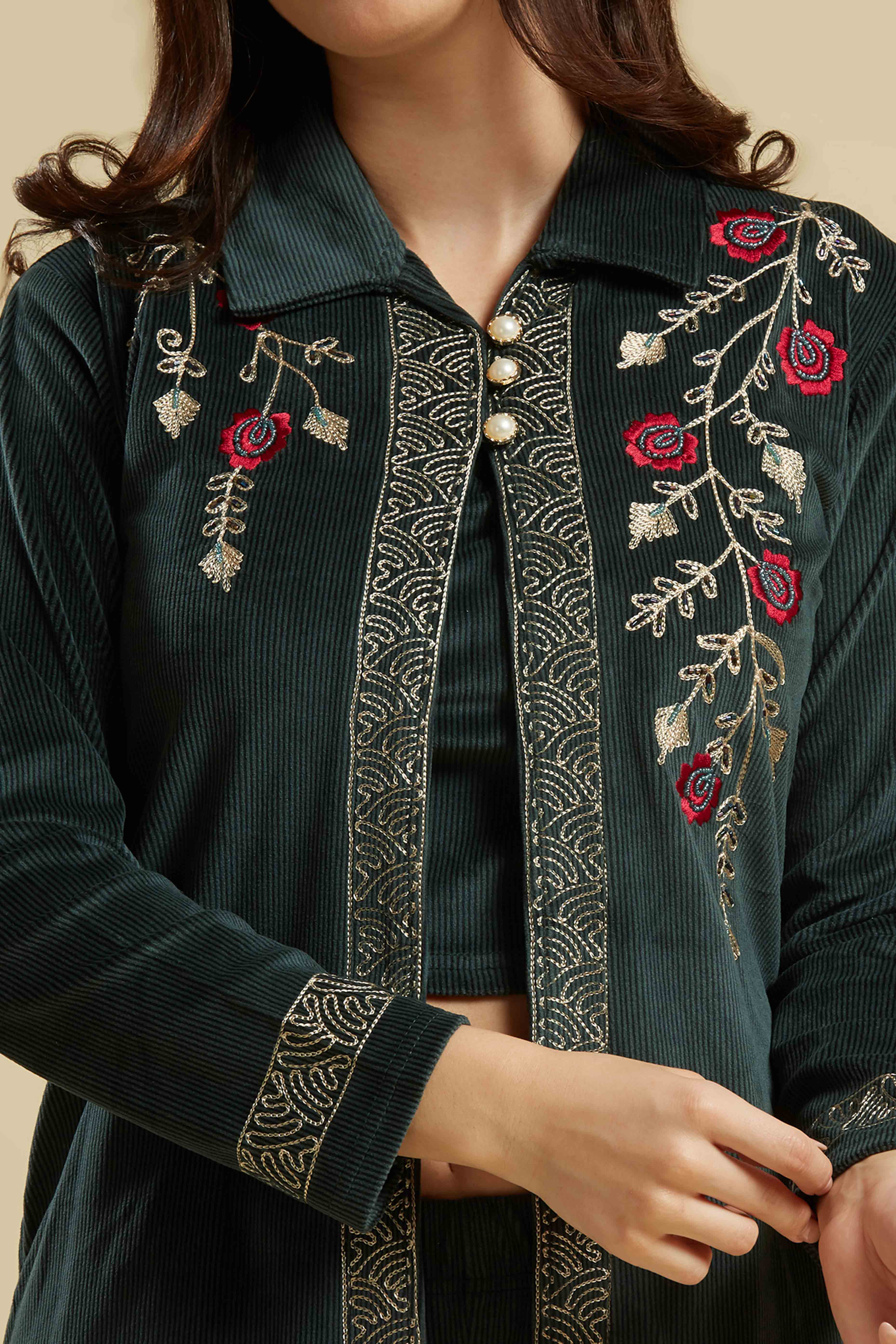 Green Embroidered Velvet Front Slit Top Bottom Set