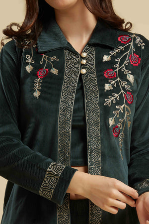 Green Embroidered Velvet Front Slit Top Bottom Set