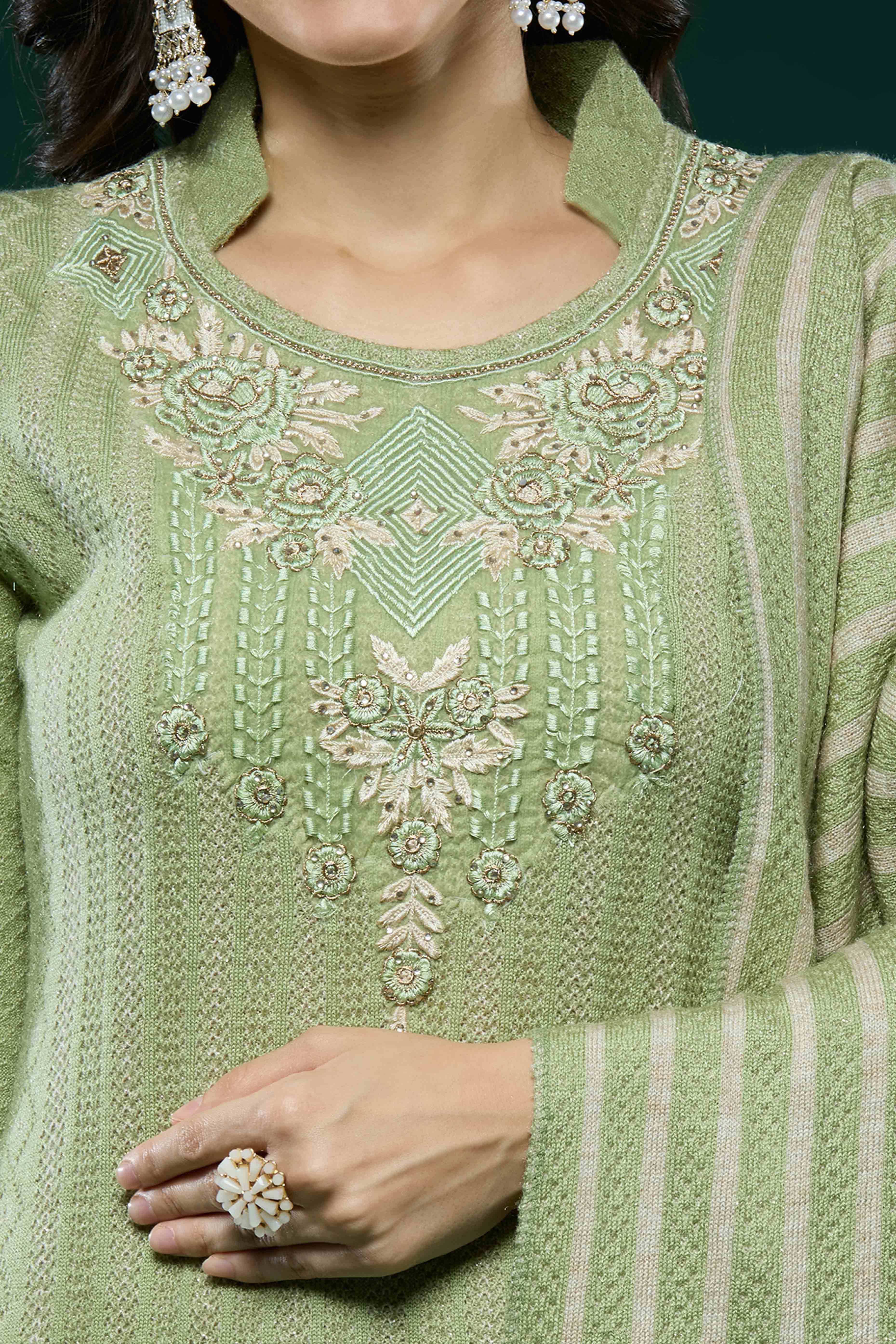 Green Woven Woolen Straight Salwar Suit