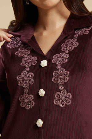 Wine Embroidered Velvet A-Line Top Bottom Set