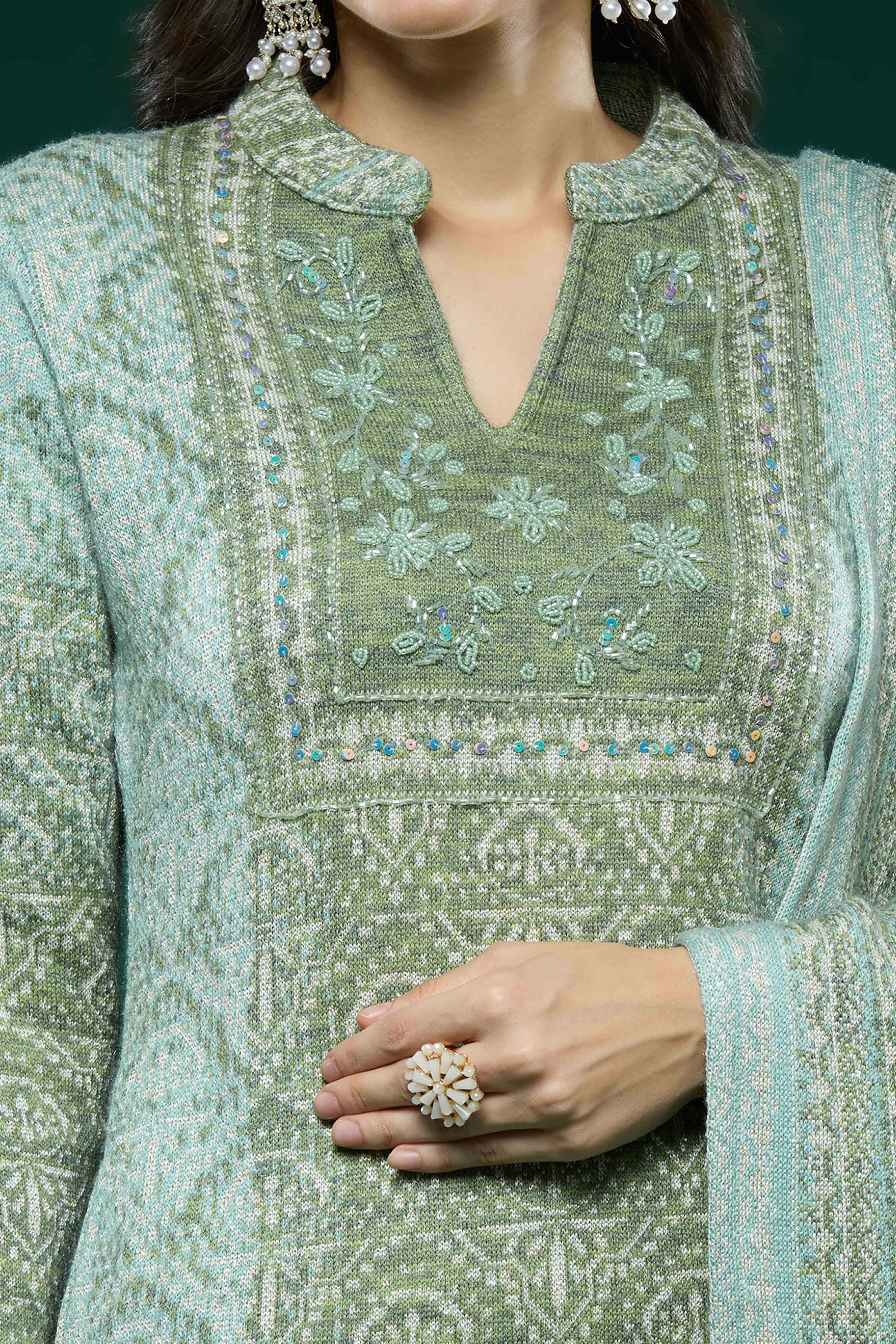 Green Woven Woolen Straight Salwar Suit