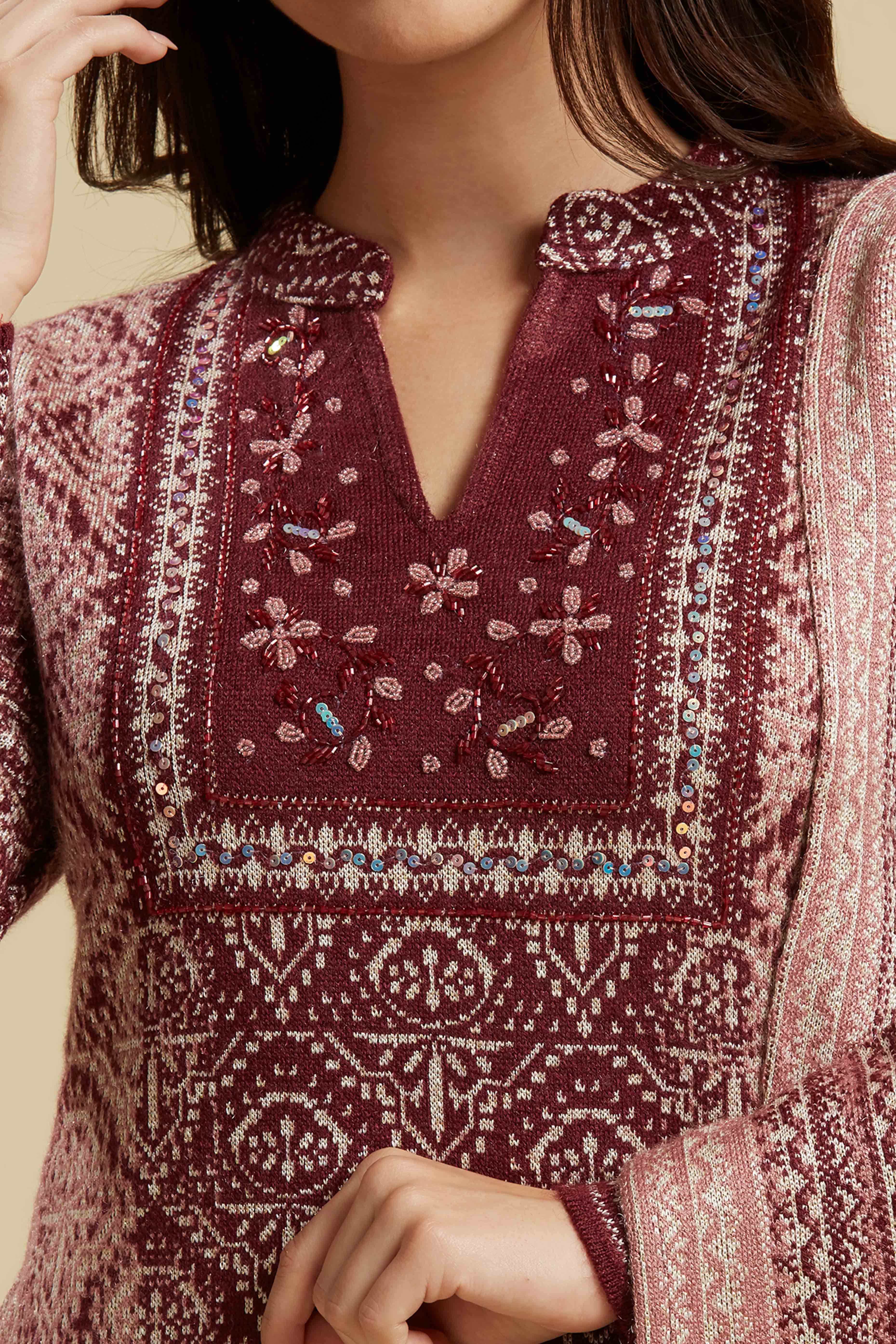 Wine Embroidered Woolen Straight Salwar Suit