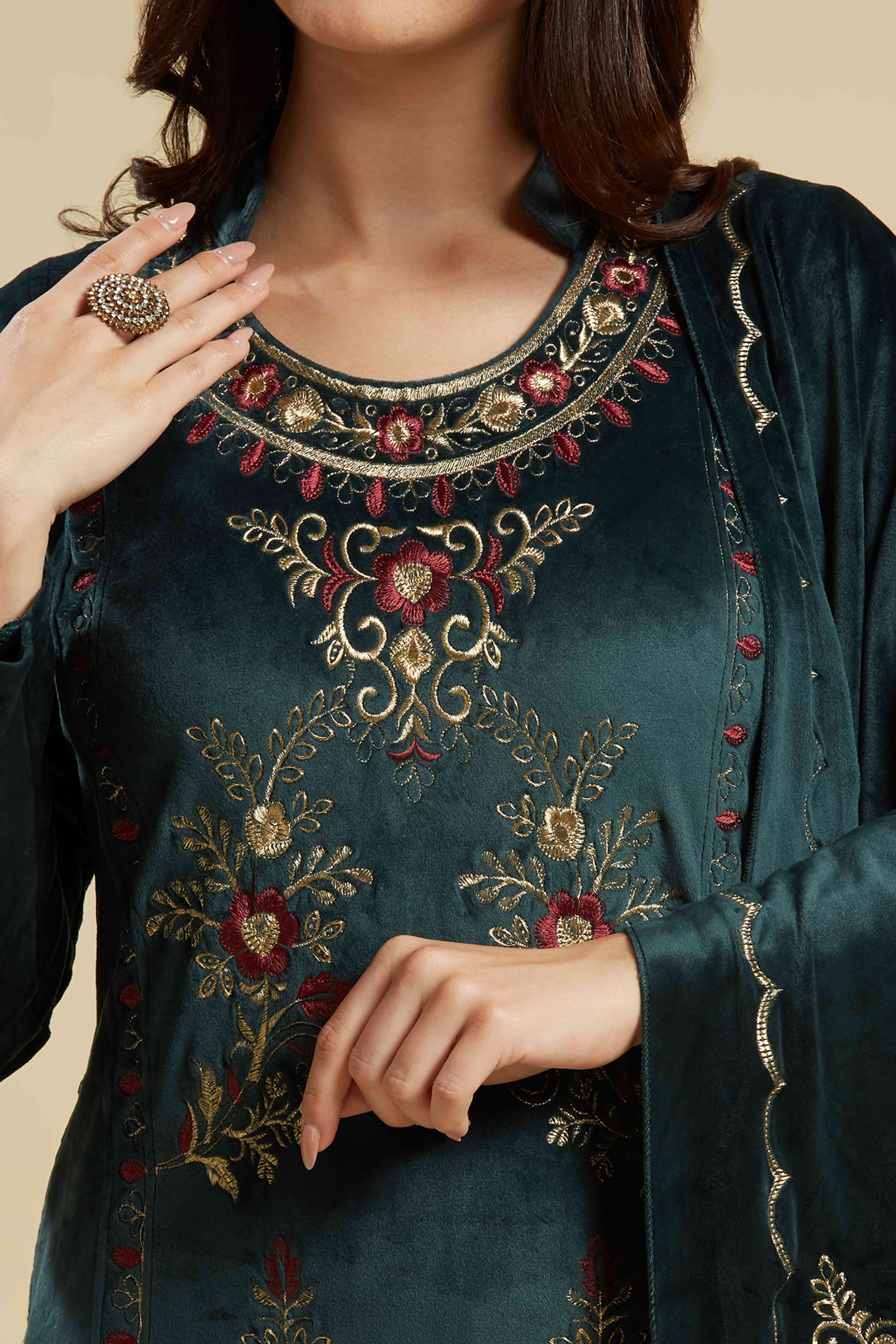 Rama Green Embroidered Velvet Straight Salwar Suit