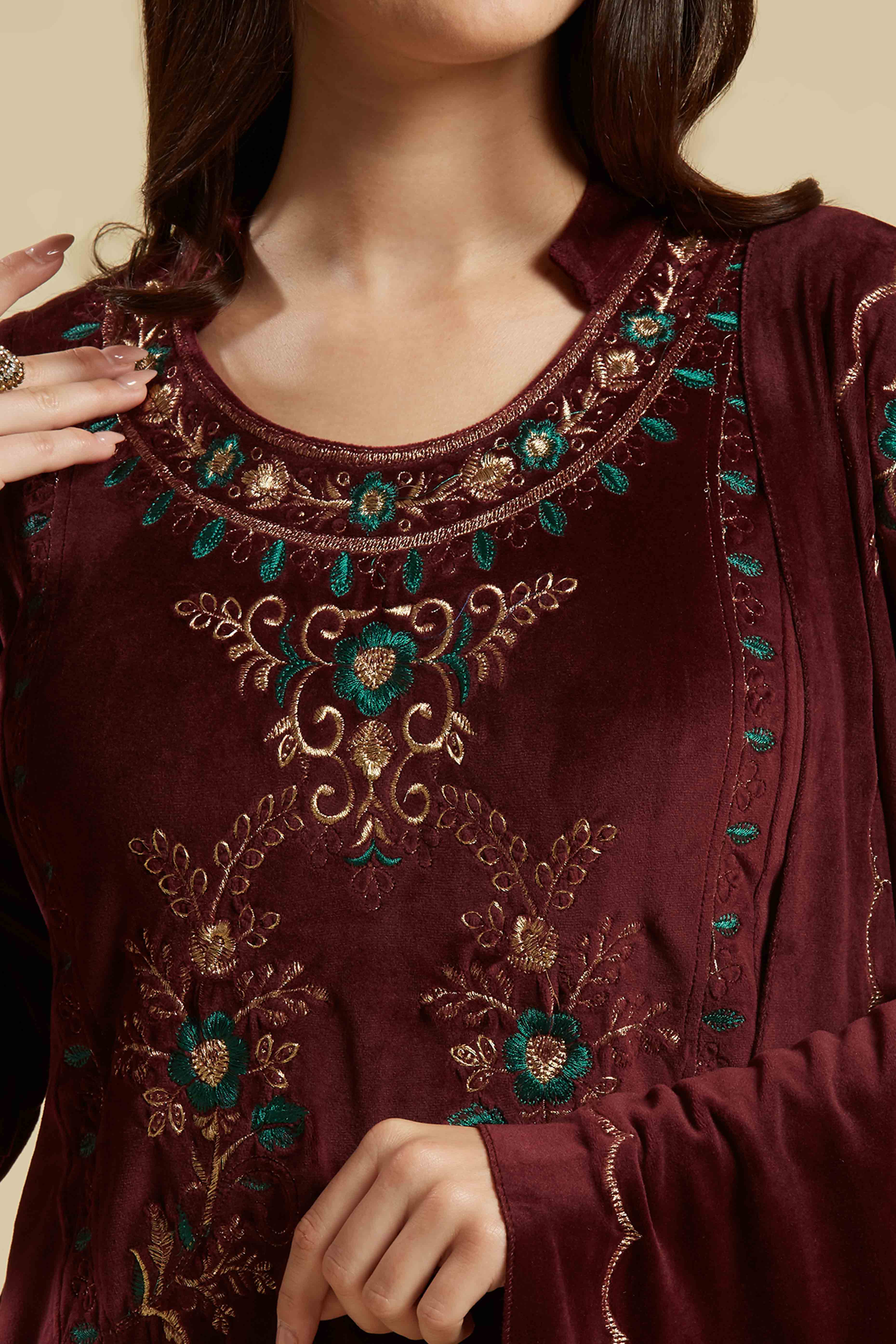 Wine Embroidered Velvet Straight Salwar Suit