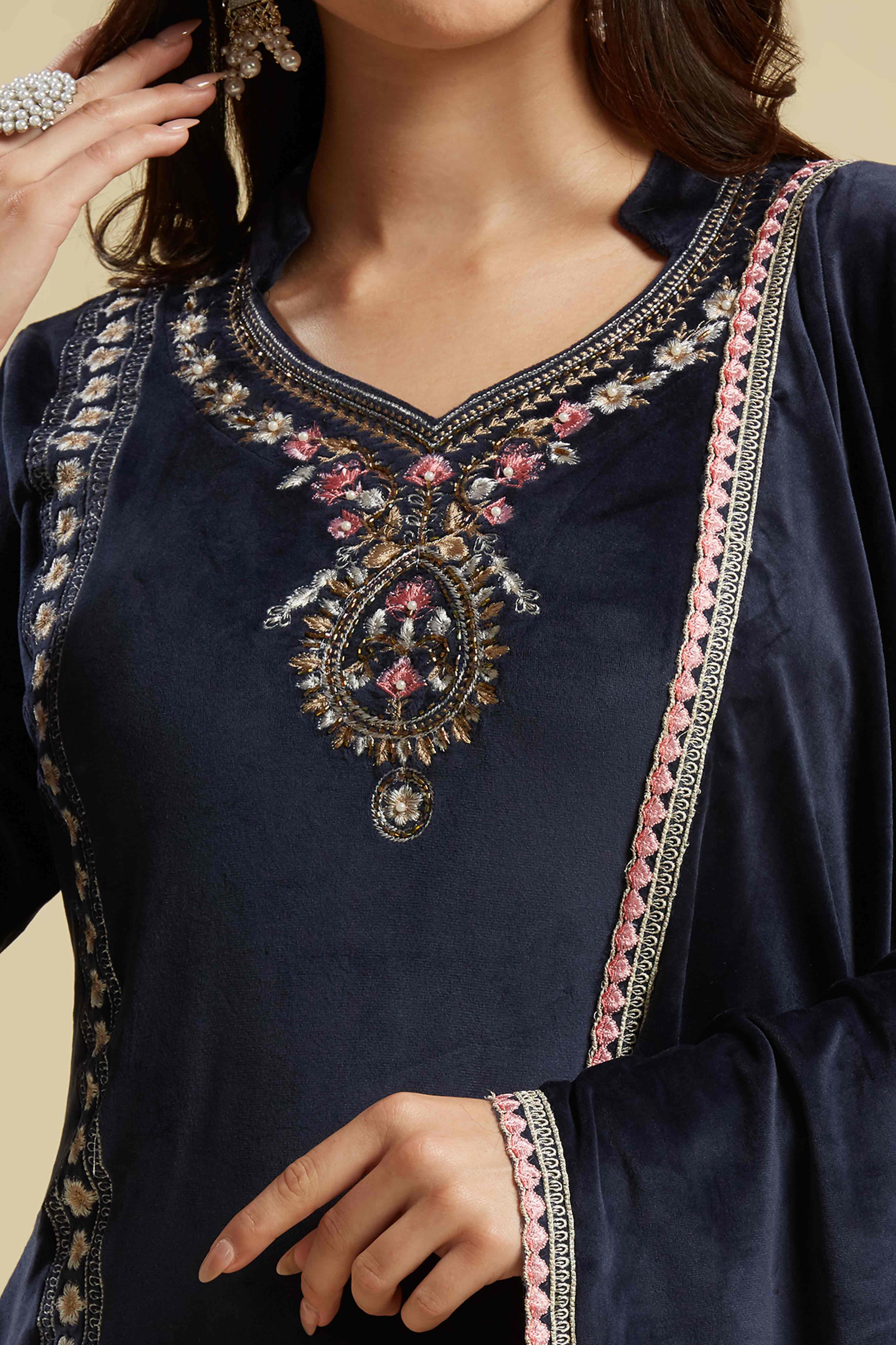 Navy Blue Embroidered Velvet Straight Salwar Suit