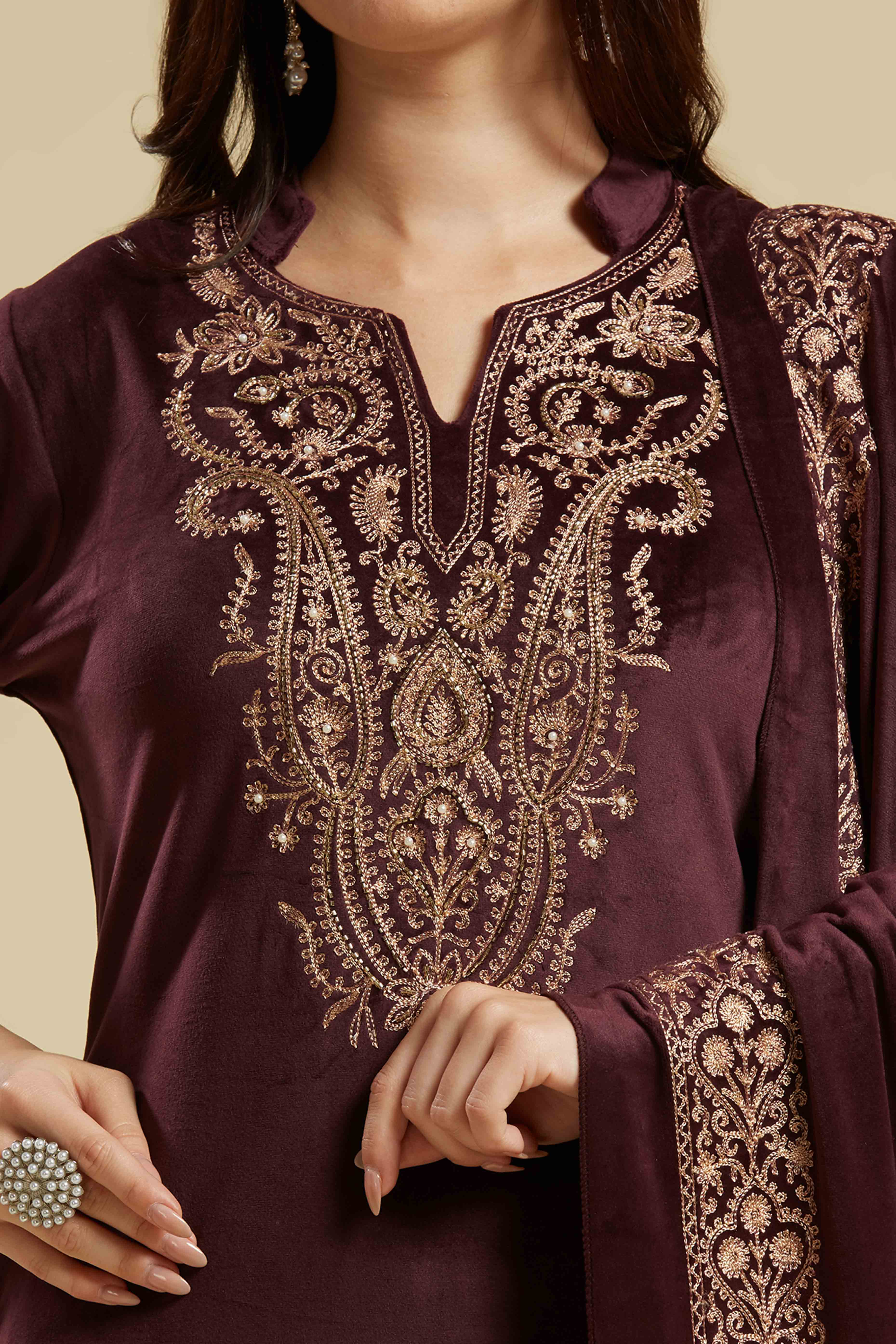 Wine Embroidered Velvet Straight Salwar Suit