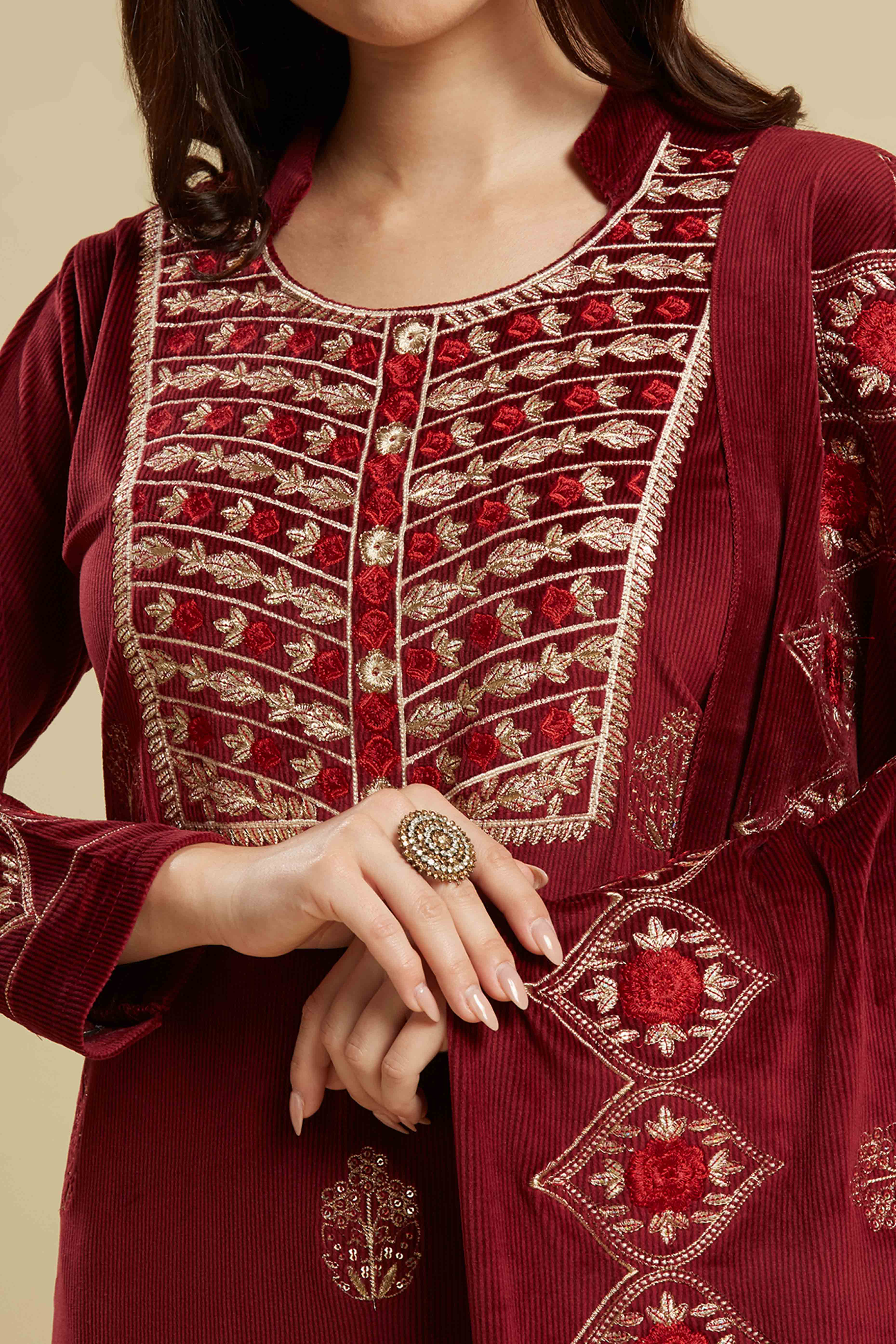 Maroon Embroidered Velvet Straight Salwar Suit