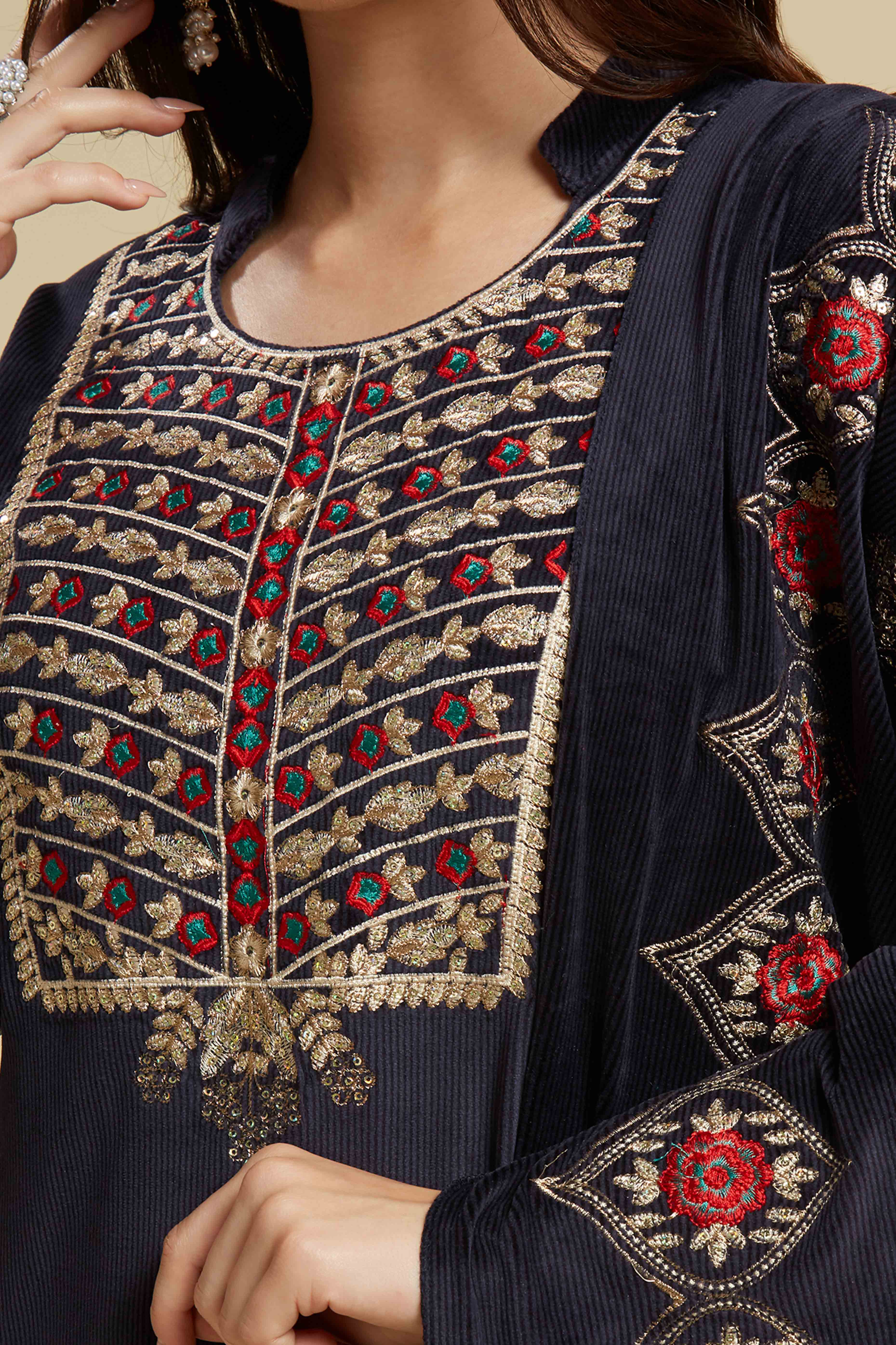 Navy Blue Embroidered Velvet Straight Salwar Suit