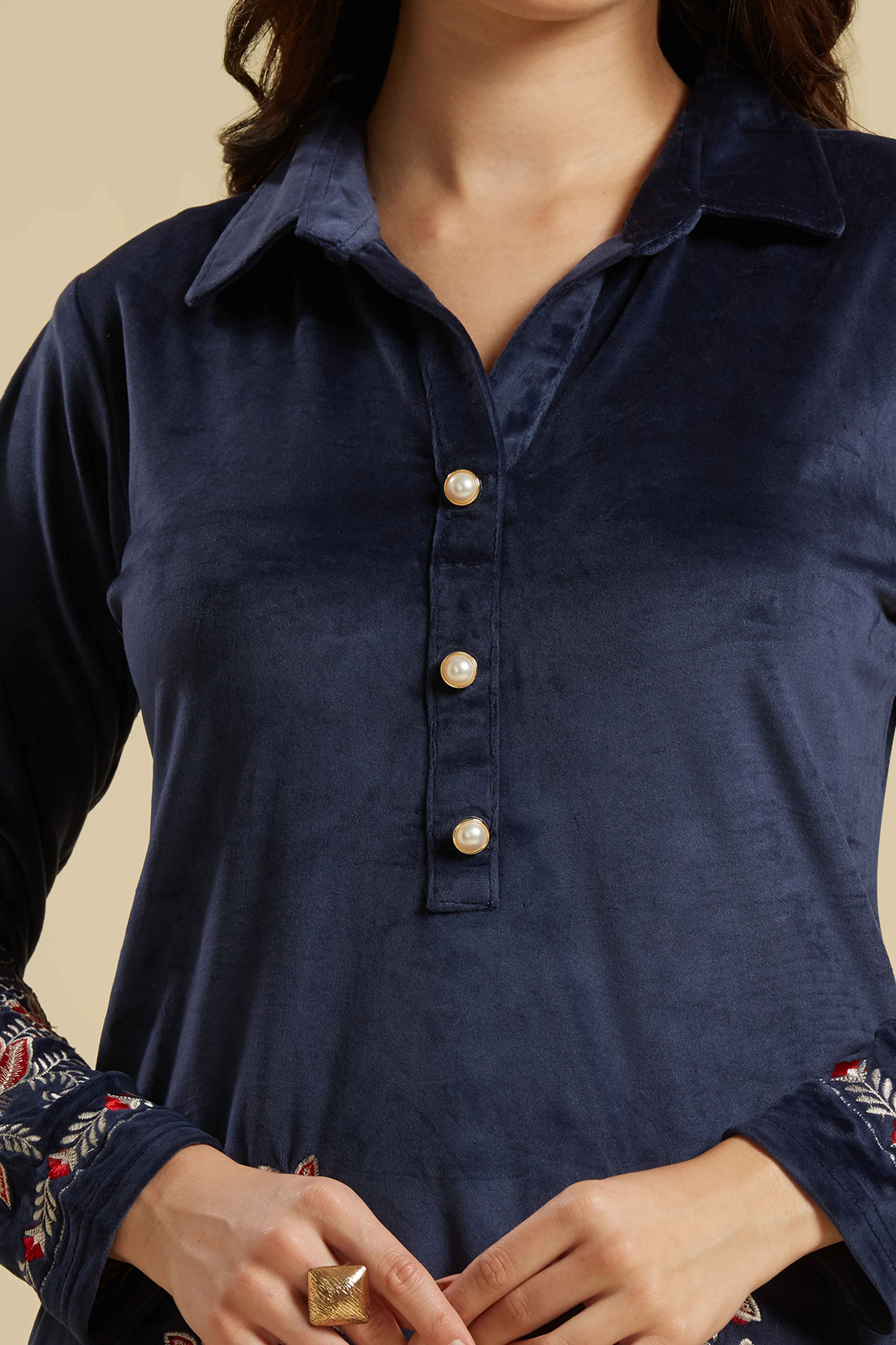 Navy Blue Embroidered Velvet Straight Top Bottom Set