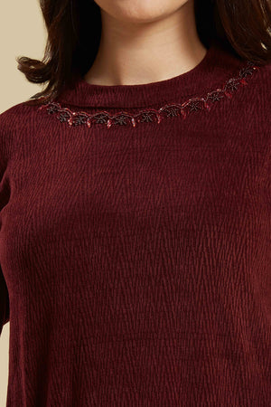 Maroon Woven Woolen A-Line Top Bottom Set