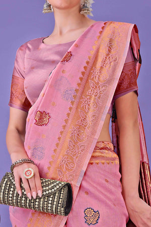 Light Pink Saree with Floral Zari Weaving on a Linen Cotton Base