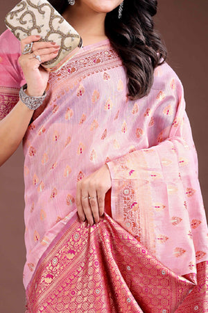 Romantic Pink Floral Zari Weaving Cotton Blend Saree with Lovely Tassel Accents
