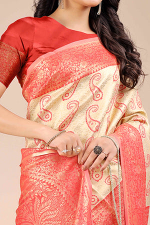 Cream Banarasi Silk Saree Featuring Red Floral Zari Weaving and a Rich Contrast Border