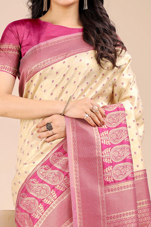 Cream Banarasi Silk Saree Featuring Lustrous Magenta Floral Zari Weaving and a Rich Contrast Border