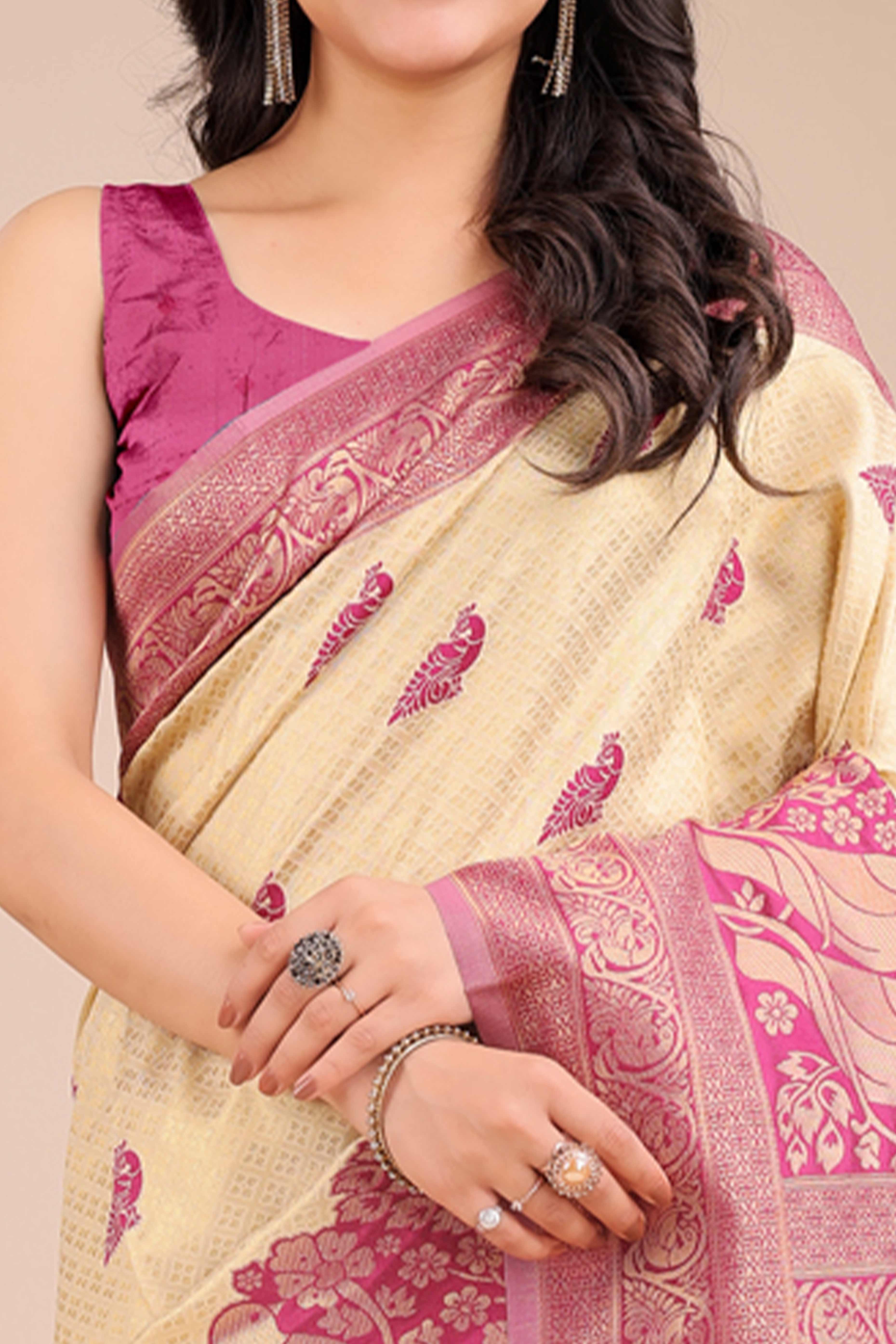 Cream & Magenta Floral Zari Weaving Banarasi Silk Saree With Intricate Peacock Pallu