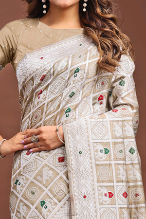 Brown Linen Cotton Saree Adorned With Zari Weaving & Tassel pallu