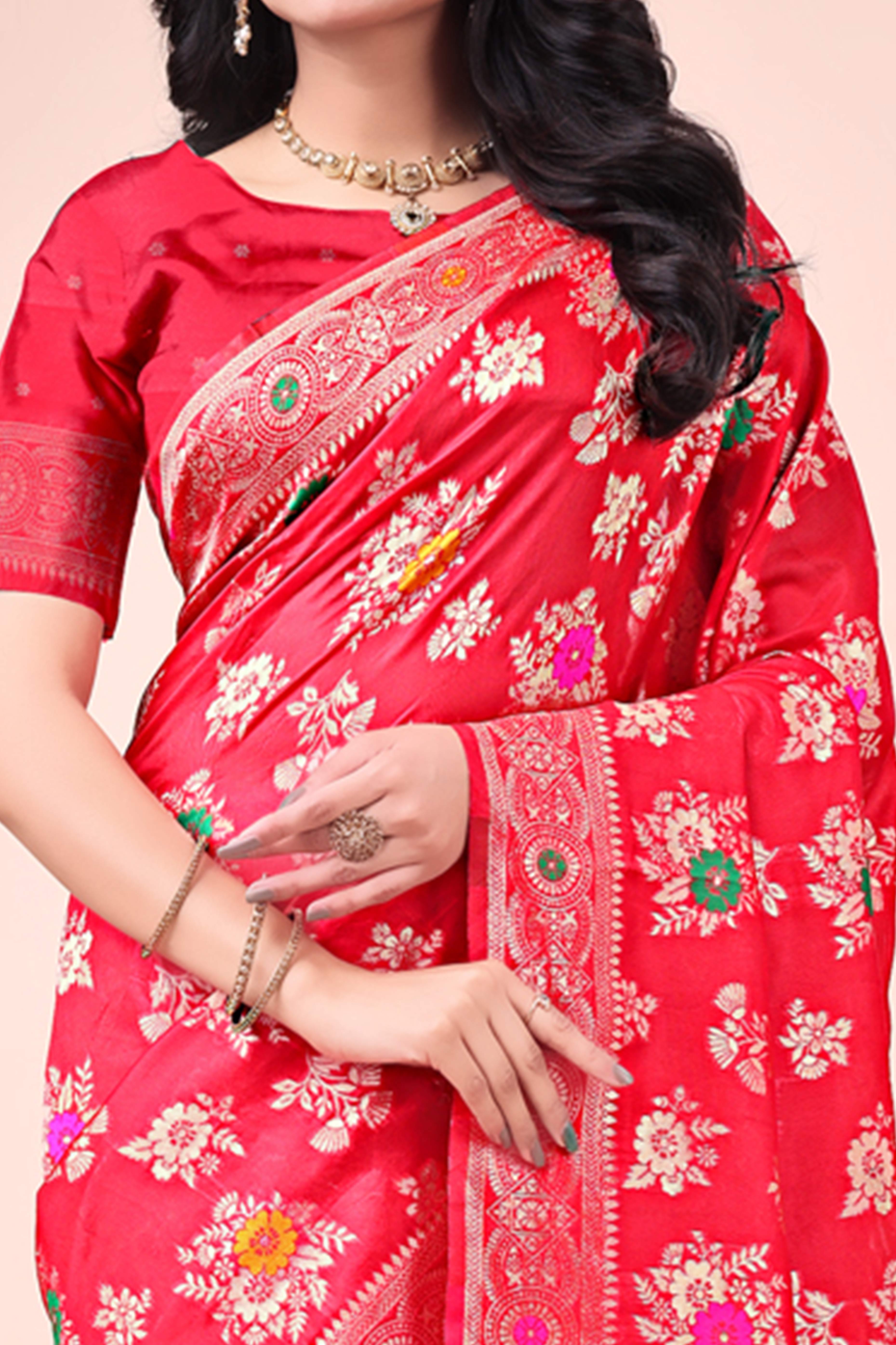 Red Banarasi Silk Saree With Intricate Floral Weave & Elegant Tassel Accents