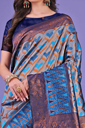 Blue Heart Motif Zari Woven Lichi Cotton Silk Saree With Flowing Tassels