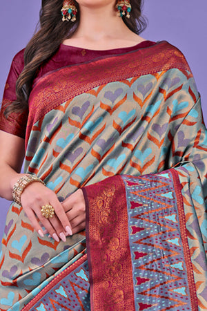 Grey Heart Motif Zari Woven Lichi Cotton Silk Saree With Flowing Tassels