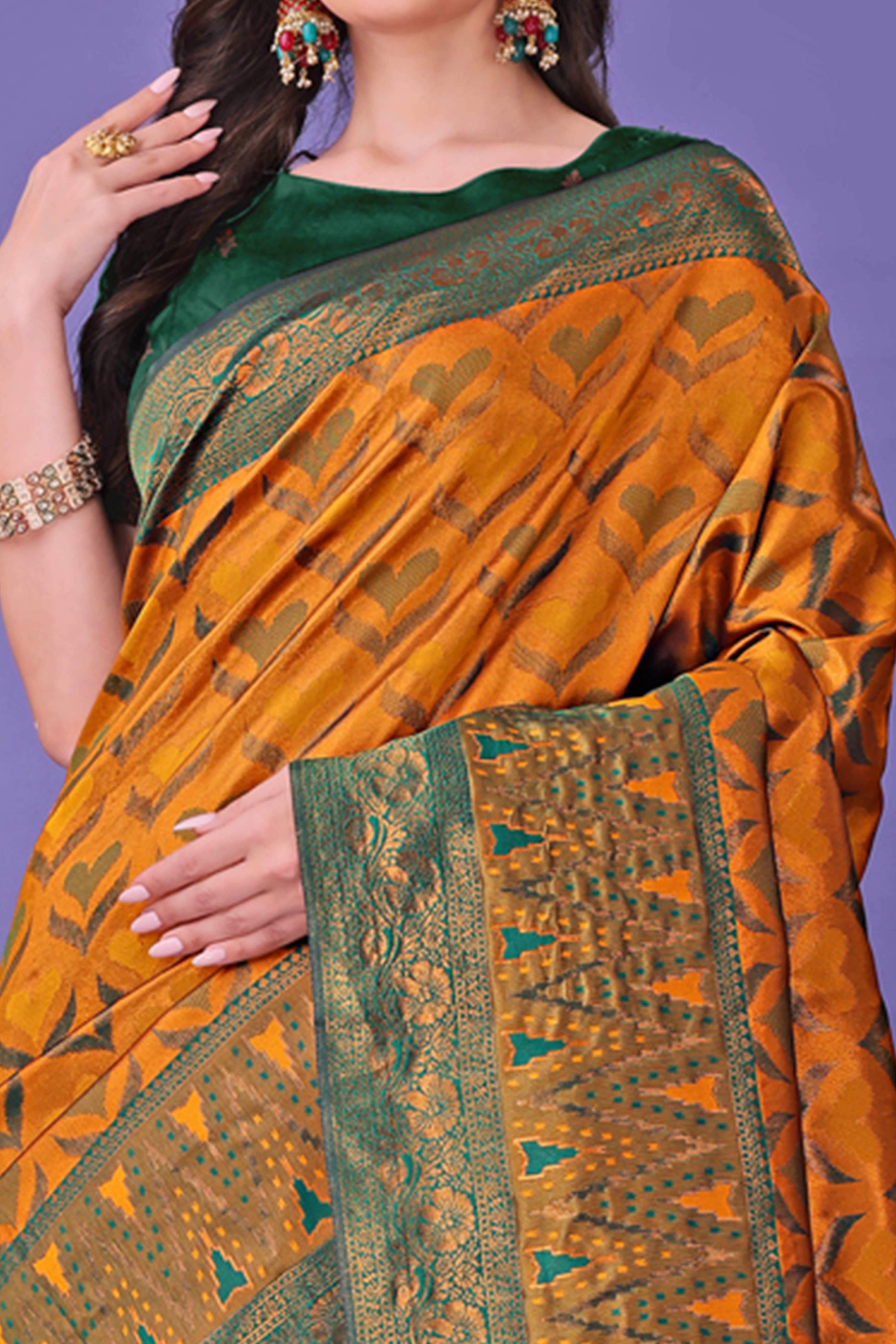 Mustard Heart Motif Zari Woven Lichi Cotton Silk Saree With Flowing Tassels