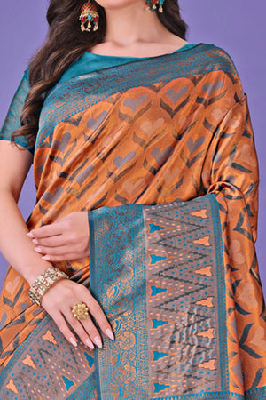 Peach Heart Motif Zari Woven Lichi Cotton Silk Saree With Flowing Tassels