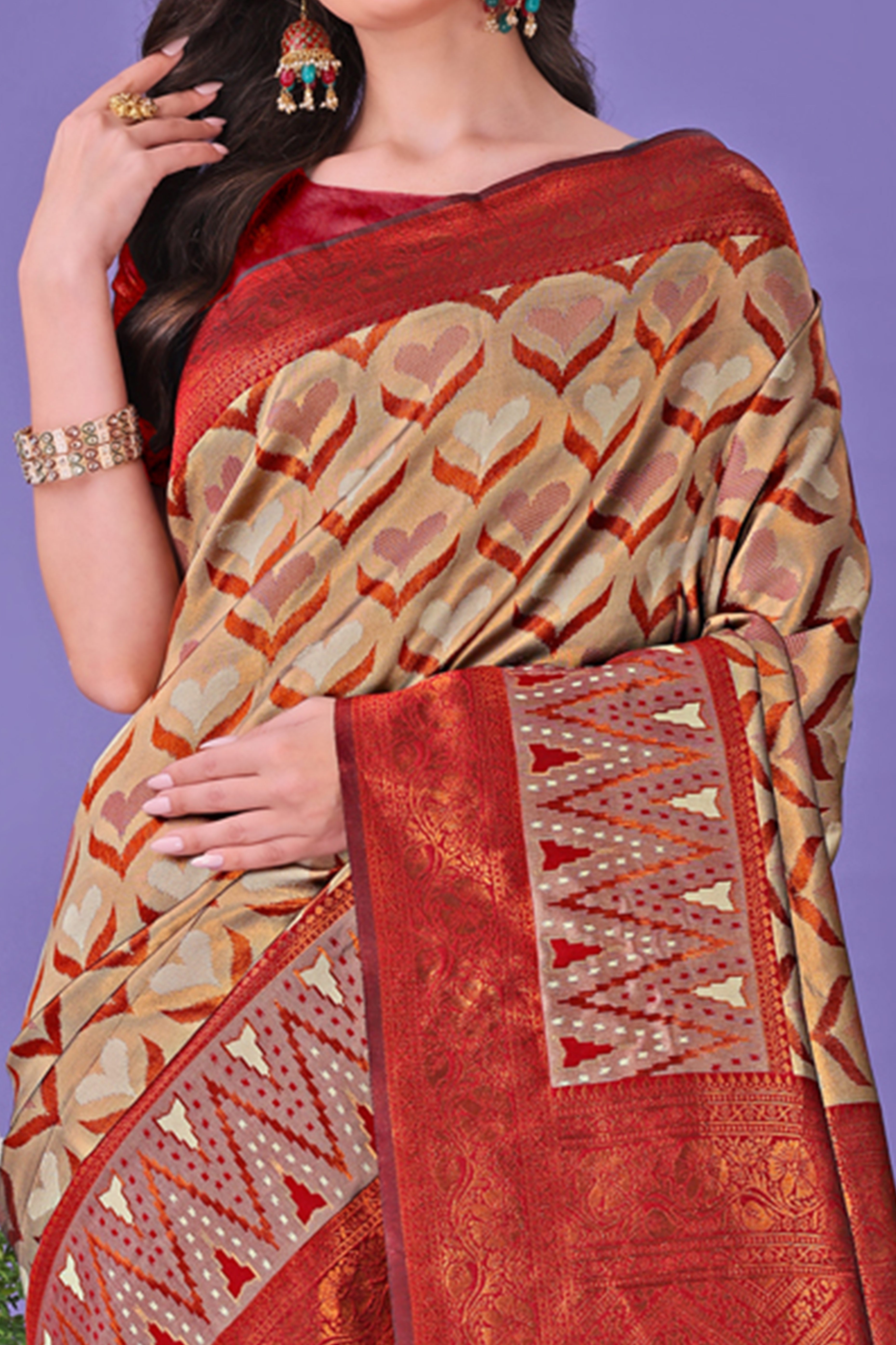 Chikoo Heart Motif Zari Woven Lichi Cotton Silk Saree With Flowing Tassels