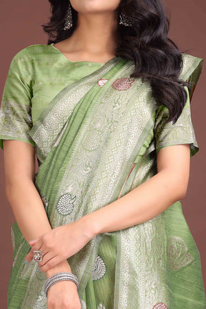 Light Green Lichi Cotton Blend Saree With Zari Floral Weaving & Tassel Detailing