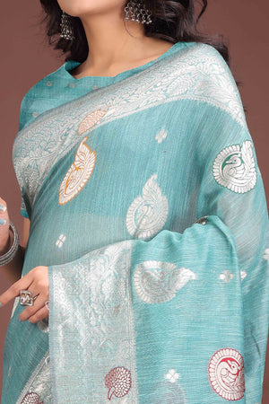 Blue Lichi Cotton Blend Saree With Zari Floral Weaving & Tassel Detailing