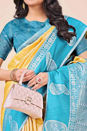 Yellow Lichi Silk Blend Saree With Intricate Paisley Zari Weave & Graceful Tassels