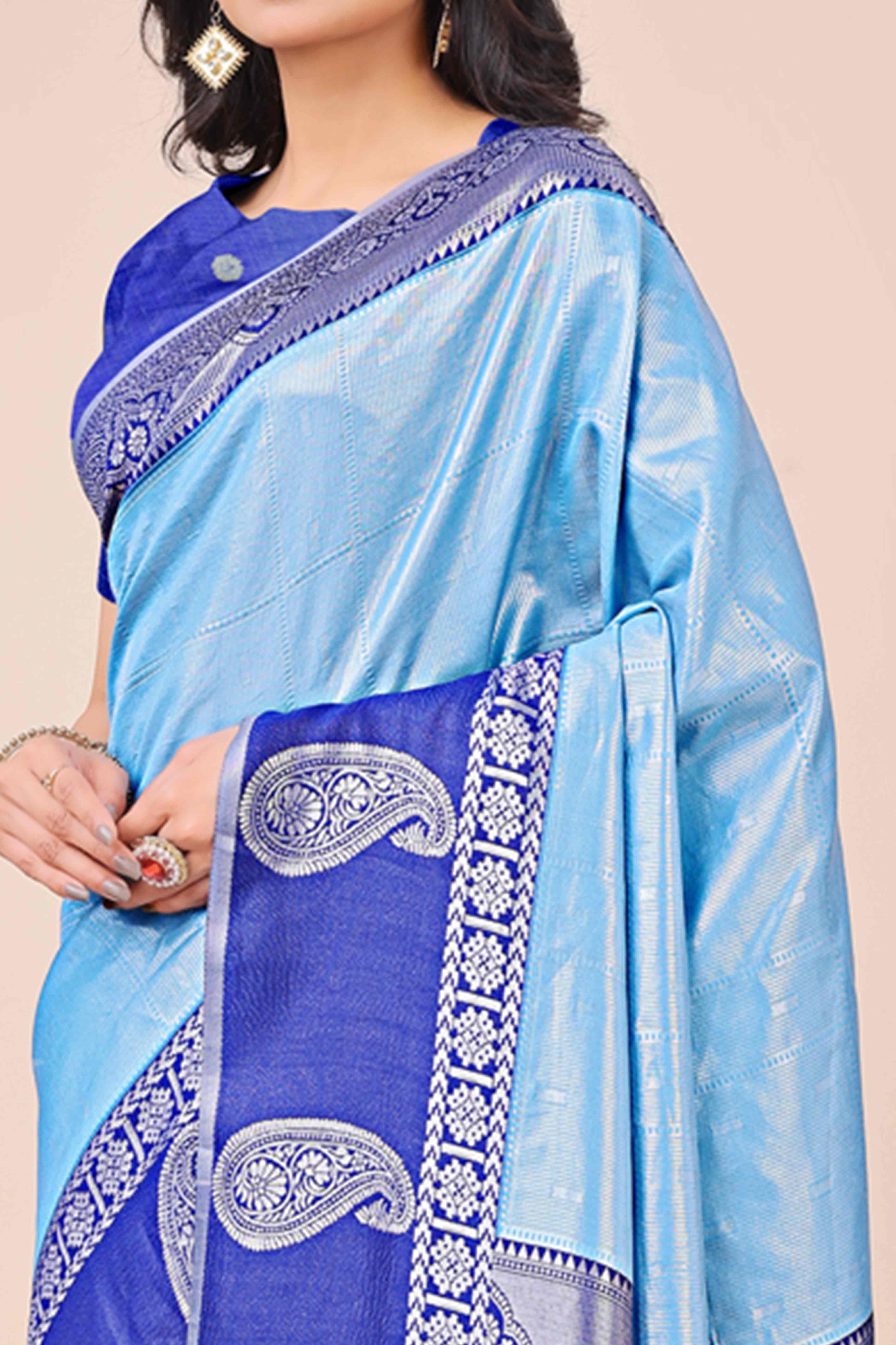 Sky Blue Lichi Silk Blend Saree With Intricate Paisley Zari Weave & Graceful Tassels