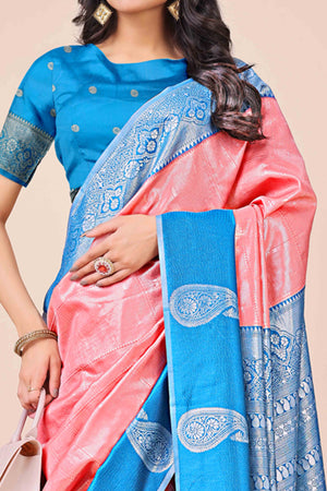 11Peach Lichi Silk Blend Saree With Intricate Paisley Zari Weave & Graceful Tassels