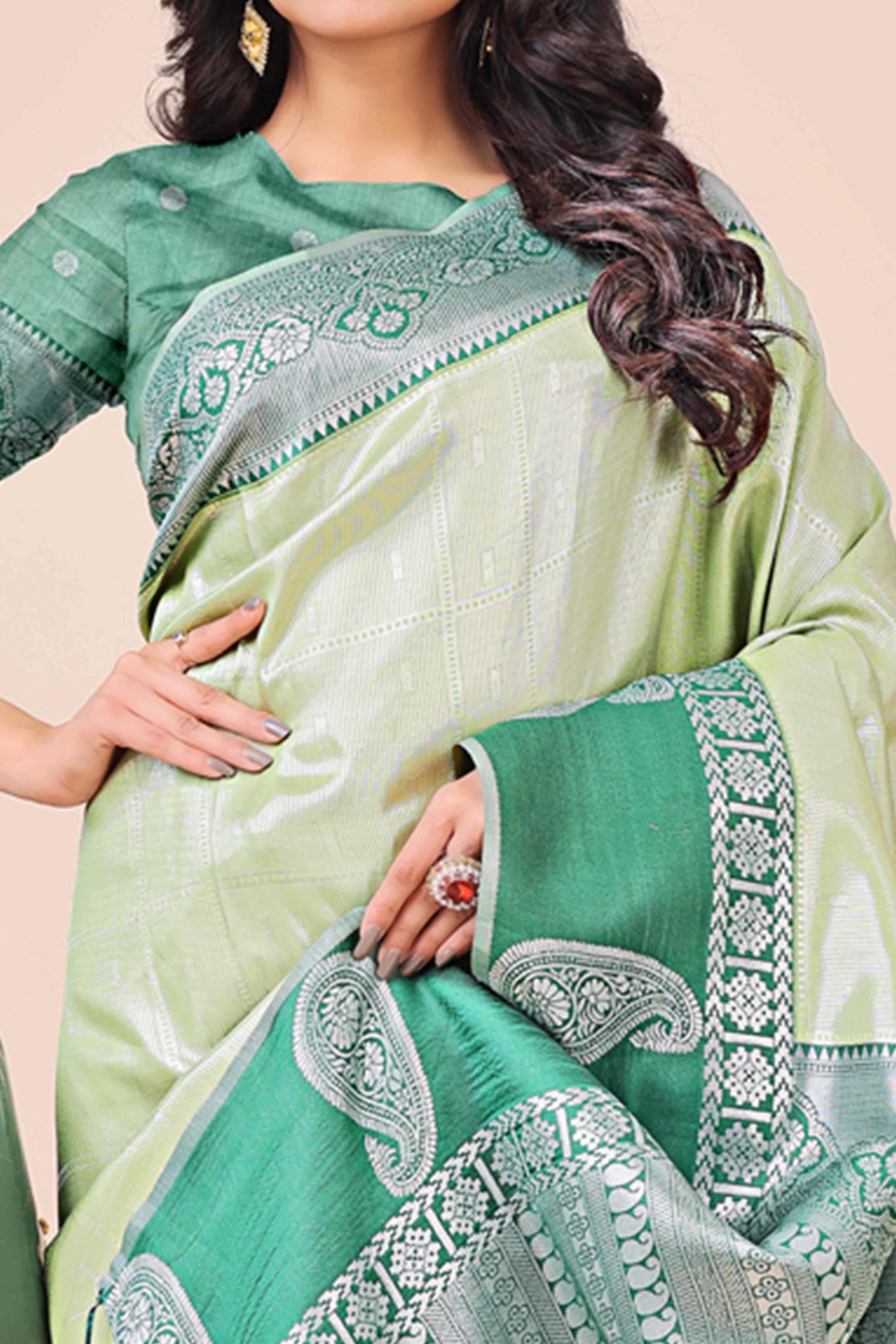 Green Lichi Silk Blend Saree With Intricate Paisley Zari Weave & Graceful Tassels