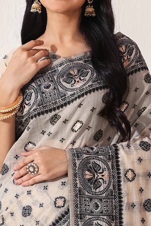 Cream & Black Saree In Linen Cotton With Traditional Zari Woven Detailing And Tassel Pallu