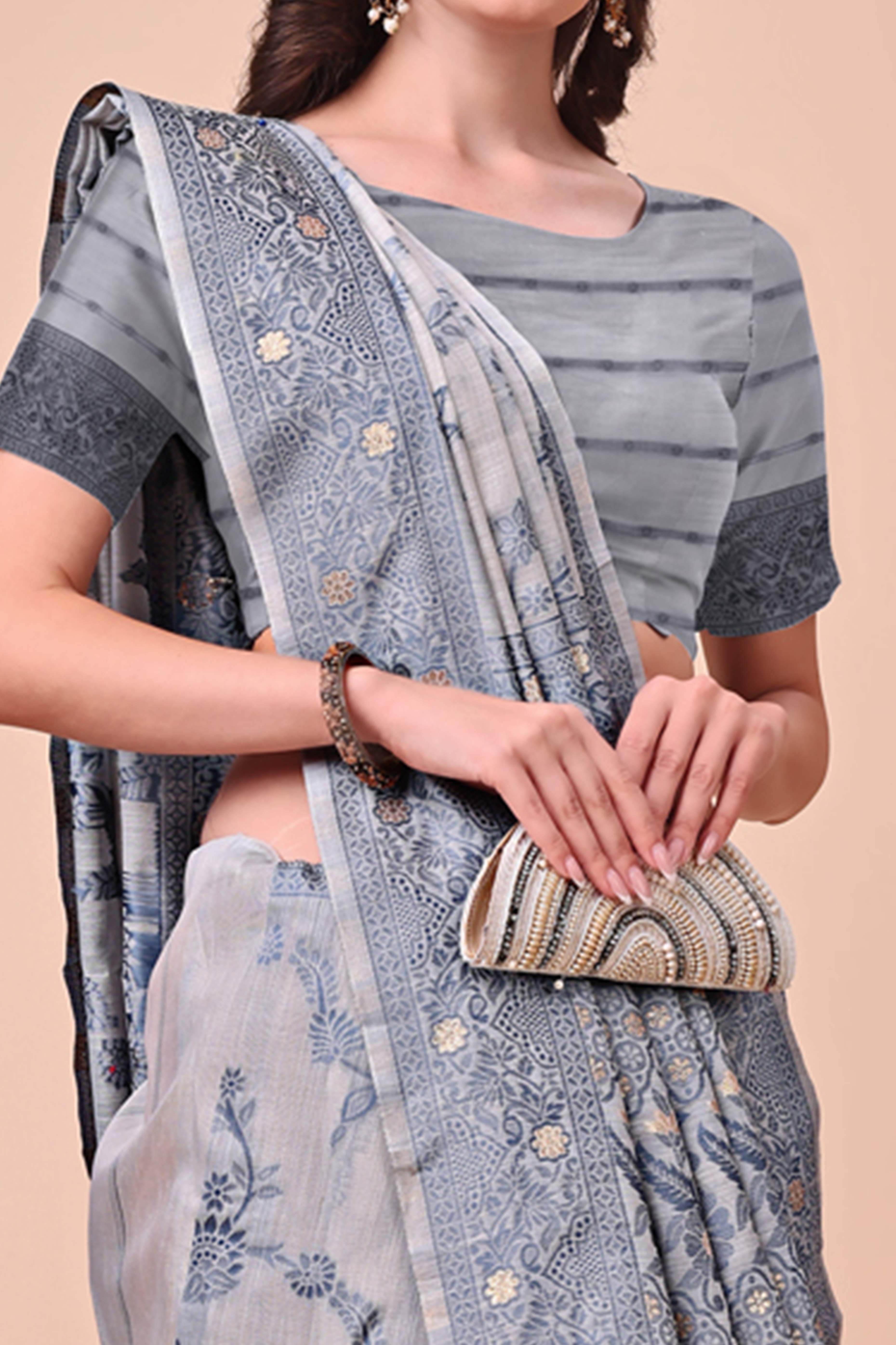 Grey Floral Zari Woven Cotton Blend Saree With Delicate Tassel Detailing
