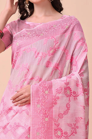 Pink Floral Zari Woven Cotton Blend Saree With Delicate Tassel Detailing