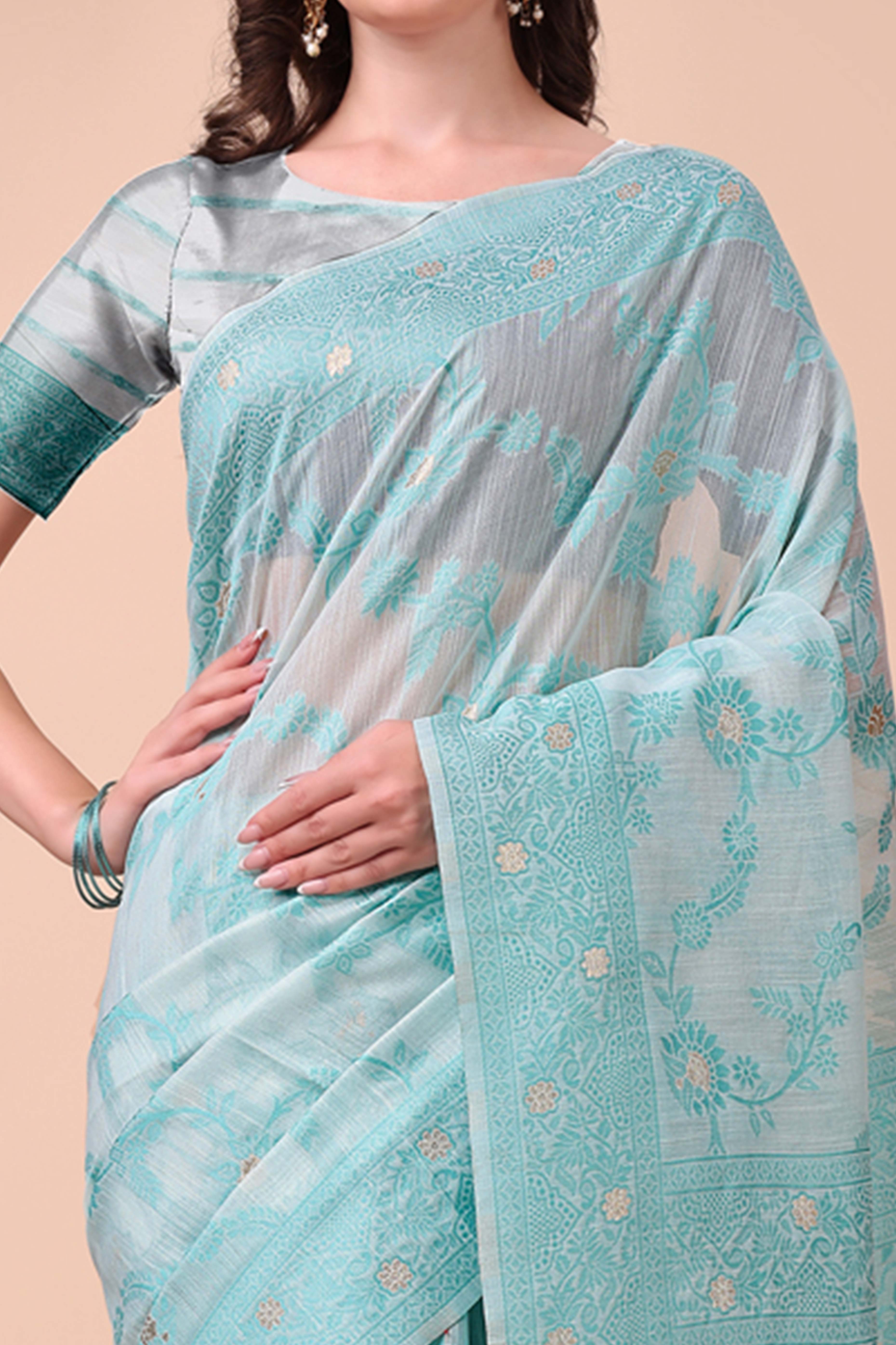 Blue Floral Zari Woven Cotton Blend Saree With Delicate Tassel Detailing