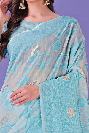 Sky Blue Floral Pattern Woven Saree in a Soft Cotton Blend with Tasseled Edges
