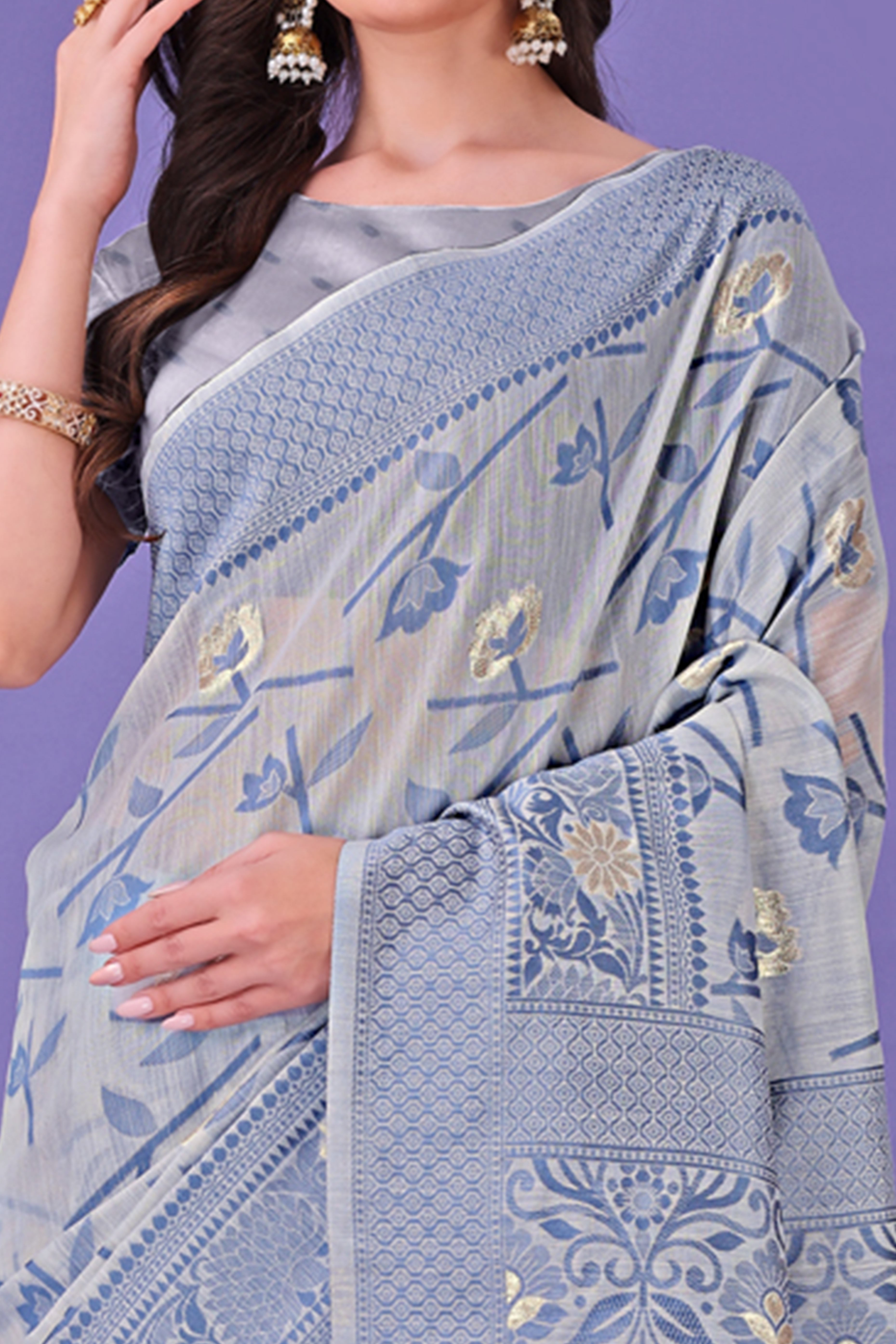 Grey Floral Pattern Woven Saree in a Soft Cotton Blend with Tasseled Edges