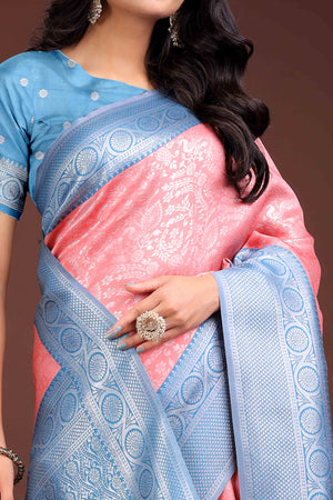 Peach Floral Zari Weaving Lichi Cotton Silk Saree With Tassel Border