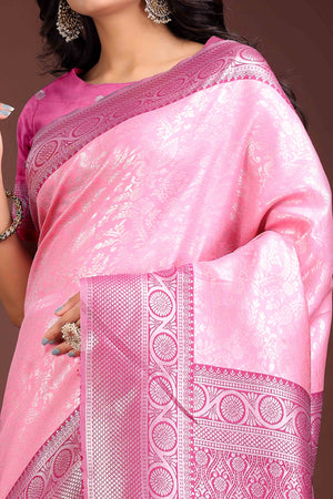 Light Pink Floral Zari Weaving Lichi Cotton Silk Saree With Tassel Border