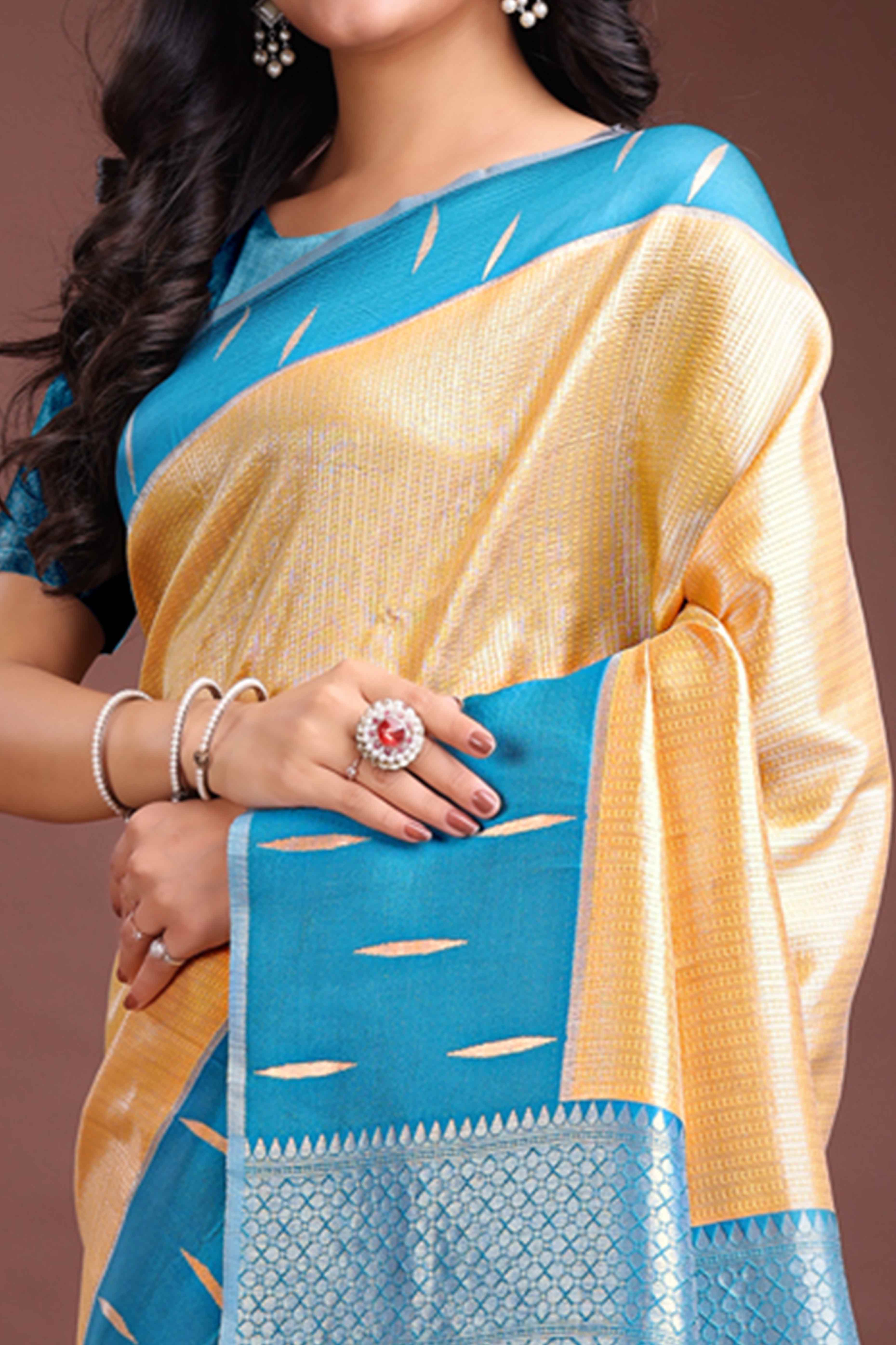 Vibrant Mustard Zari Weaving Silk Blend Saree with Golden Splendor