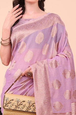 Lavender Cotton Blend Saree With Intricate Floral Zari Weaving & Elegant Tassel Accents