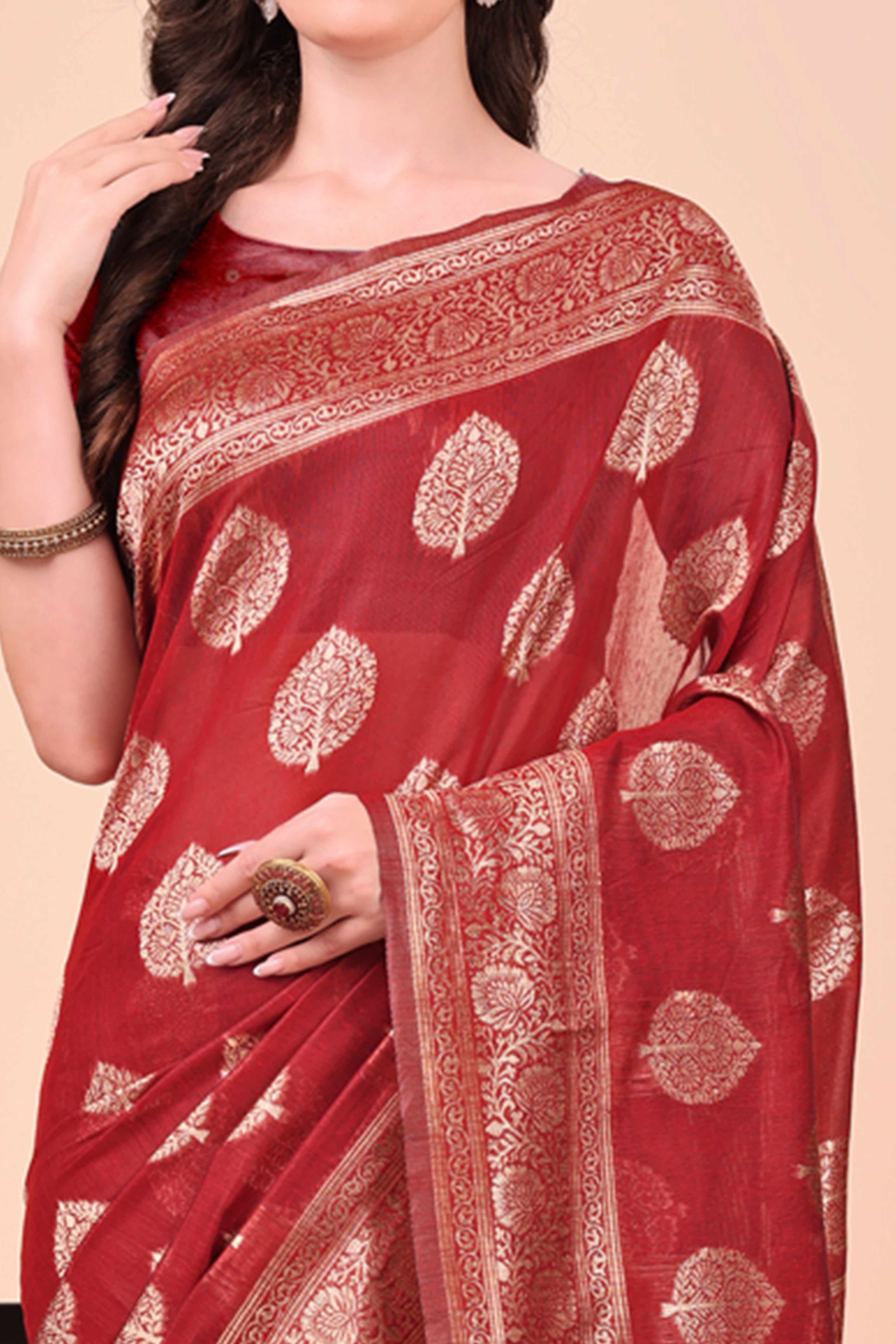 Maroon Cotton Blend Saree With Intricate Floral Zari Weaving & Elegant Tassel Accents