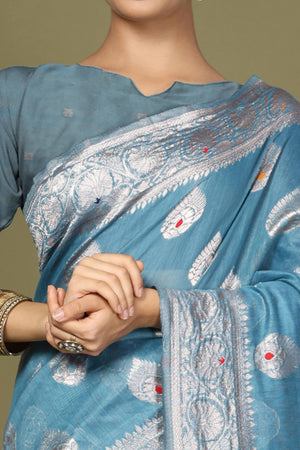 Blue Saree In Linen Cotton Featuring Floral Zari Weaving & Digital Printed Pallu