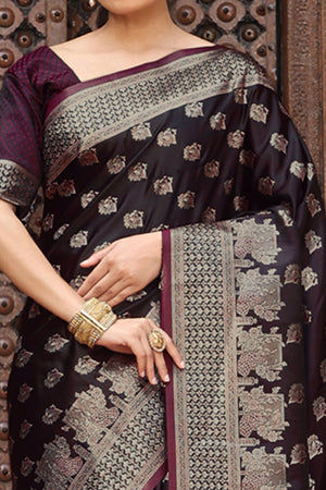 Designer Wine Saree Showcasing Peacock & Floral Zari Weaving With Handmade Tassel Pallu