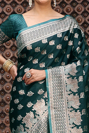 Designer Dark Teal Saree Showcasing Peacock & Floral Zari Weaving With Handmade Tassel Pallu