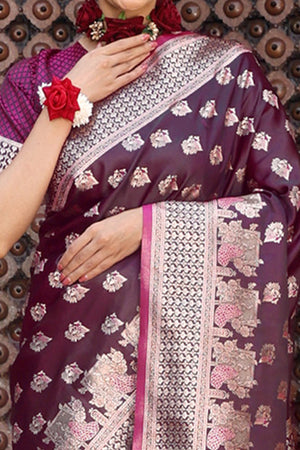 Designer Purple Saree Showcasing Peacock & Floral Zari Weaving With Handmade Tassel Pallu