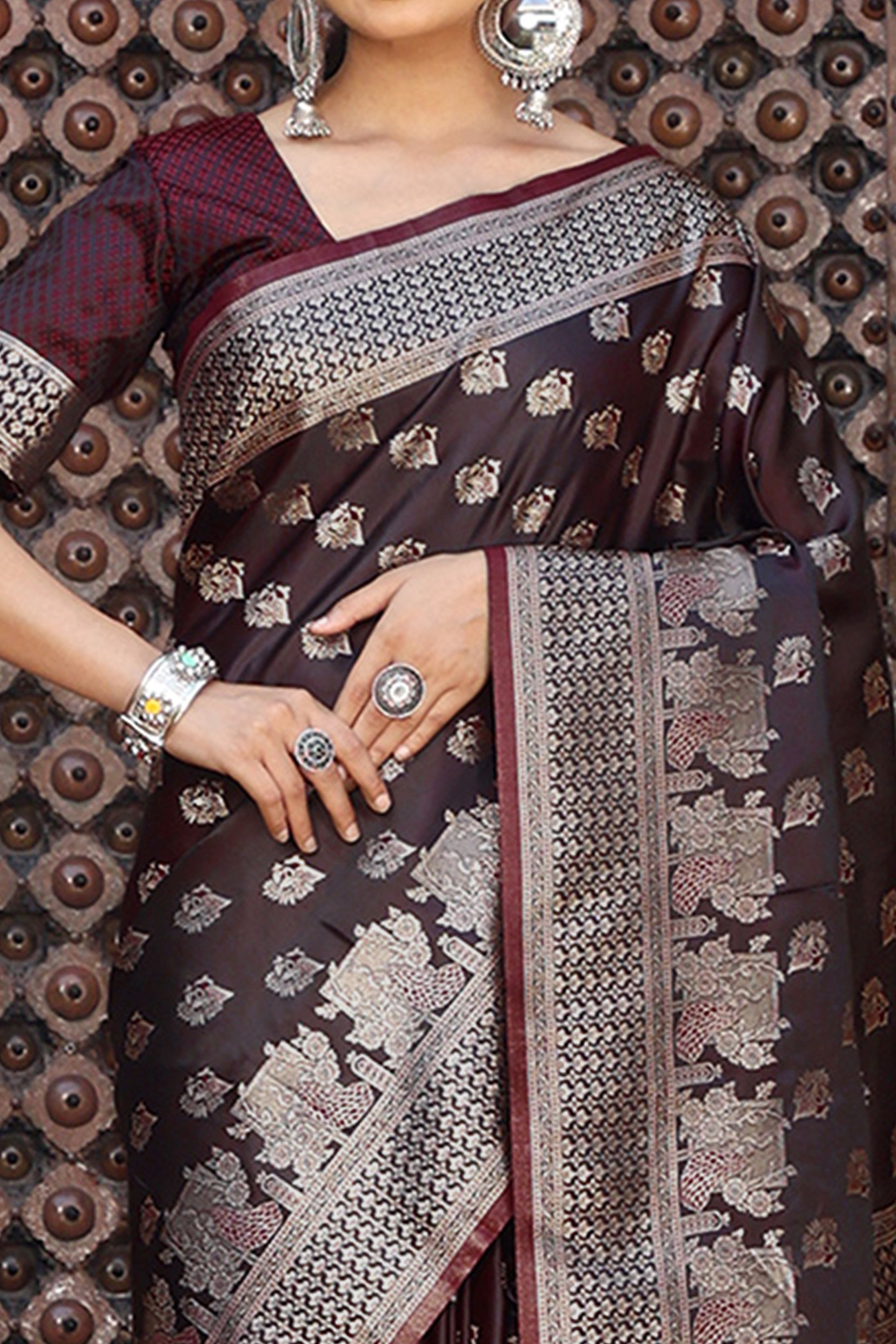 Designer Dark Maroon Saree Showcasing Peacock & Floral Zari Weaving With Handmade Tassel Pallu