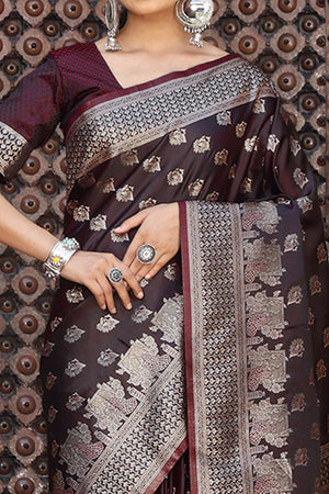 Designer Dark Maroon Saree Showcasing Peacock & Floral Zari Weaving With Handmade Tassel Pallu