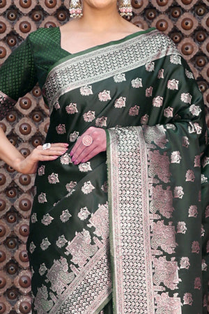 Designer Green Saree Showcasing Peacock & Floral Zari Weaving With Handmade Tassel Pallu